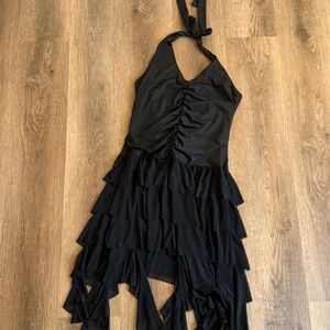 Elegant Black Halter Dress with Ruffle Details